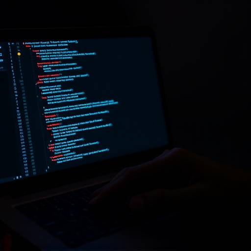 Close-up image of a coder writing complex code on a laptop screen.