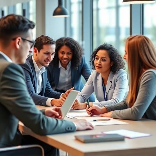 Image showcasing a diverse group of professionals collaborating in a modern office setting.