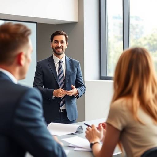 Person confidently presenting in a business meeting