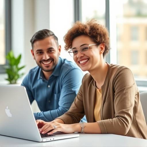 Two people smiling and working together on a laptop
